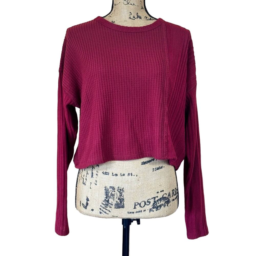 New Women's Ribbed/Waffle Berry‎ Red Long Sleeve Cropped Top size Large